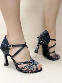 女士莎莎拉丁舞鞋 9 厘米高跟闪亮水钻黑色缎面绒面革鞋底室内舞蹈高跟鞋超柔软比赛舞鞋 - 黑色9cm - 查看 3