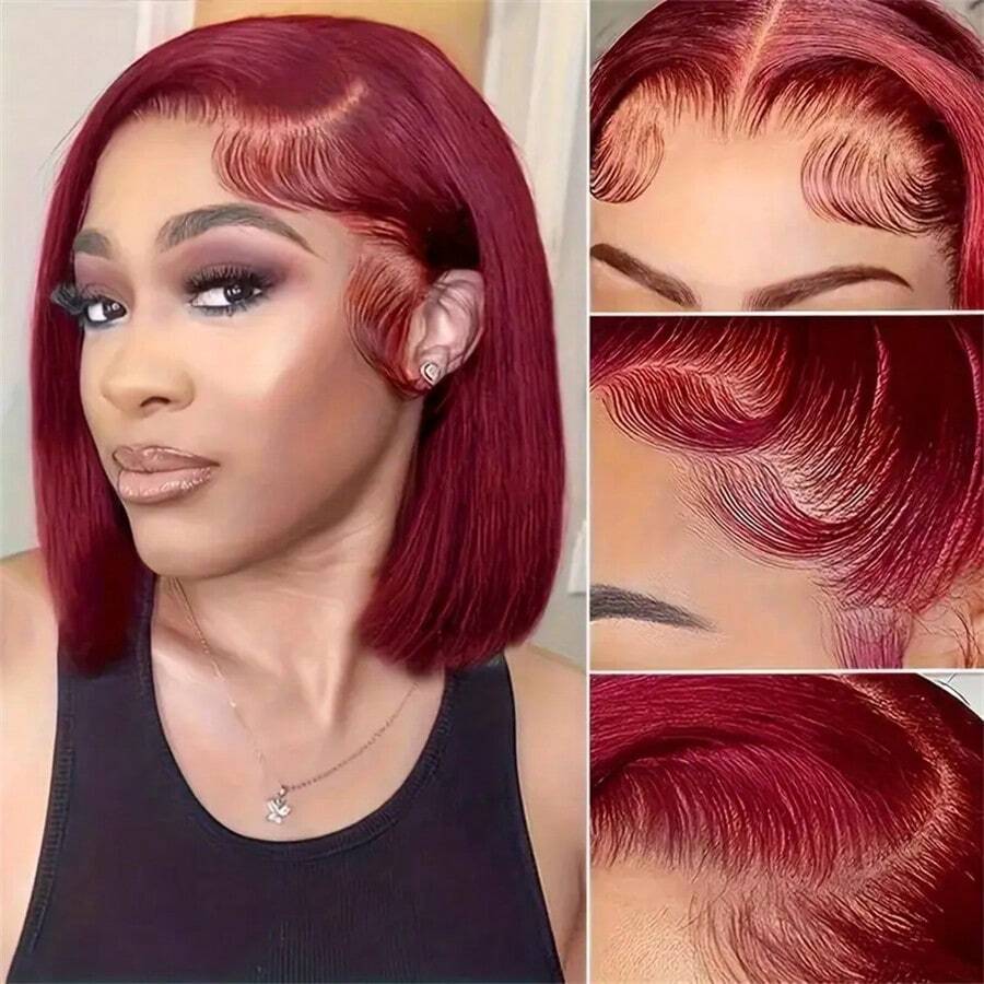 Burgundy Transparent Lace Straight 13x4 Bob Lace Front Wig Pre Plucked Transparent Bob Lace Front Human Hair Wigs 99J Red Bob Wig 8-16inch For Women - S99J - 查看 1