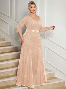 大码深V领亮片花卉蕾丝网纱美人鱼长裙，适合婚礼宾客、生日、家庭聚会、节日、毕业典礼等场合，尽显春季优雅气质。 - 香檳色 - 查看 12