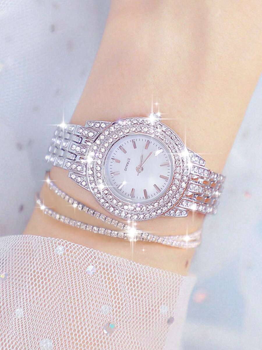 3pcs/Set Fashionable & Elegant Multi-Function Fully Rhinestone Decorated Women's Steel Band Quartz Watch Set, Paired With Rhinestone Jewelry Bracelet, Suitable For Evening Gala, Festivals, Parties, Weddings And Daily Wear, Also Ideal For Back To School, Graduation, Thanksgiving And Other Occasions, Best Gift For Women