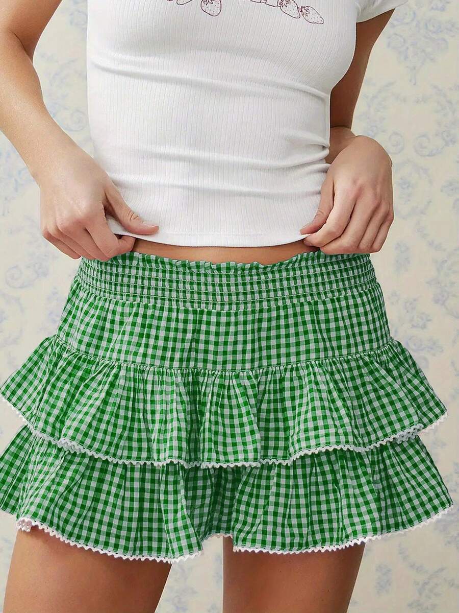 Womens Tiered Ruffled Short Skirts Plaid Print Smocked Waist Lacy Trim Cute Mini Skirts - 綠色 - 查看 1
