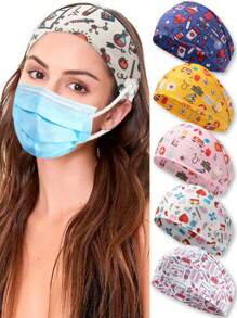 1pc Stretchable Women Medical Anti-Pressure Button Face Mask, Electrocardiogram Medical Equipment & Stethoscope Print Sports Sweatband, Unisex Breathable Anti-Slip Headband For Exercise
