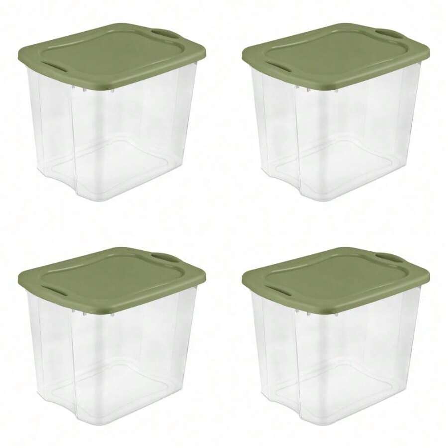 95 Quart. EZ Carry, Clear Plastic Storage Bin,  Full-Grip Handles, Green, 4 Count