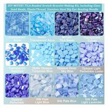 Blue Tila Beads Kit 312 Pcs, 12 Colors 5*5mm Glass Seed Beads With Elastic Thread & Beading Needles For Jewelry Making