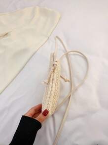 Fashionable Lightweight Mini Woven Straw Texture Lattice Flower Pattern Phone Pouch Wallet Purse Wallet Phone Bag Summer Beach Bag - Khaki - View 6