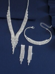4-Piece Women's Elegant Jewelry Set, Featuring A V-Shaped Design With Sparkling White Rhinestone Necklace And Earrings, Suitable For Wearing Jewelry Gifts At Banquets, Parties, And Weddings