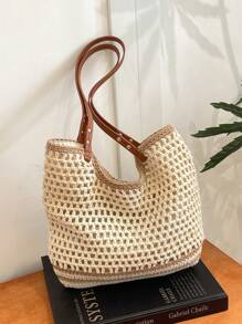 1 pieza Bolso de playa de estilo casual, con bloques de color, rayas y abertura, adecuado para mujeres de vacaciones