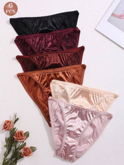 6 Packs Women's Solid Color Glossy Underwear, Romantic High-Waisted, High-Elastic And Comfortable Pleated Briefs