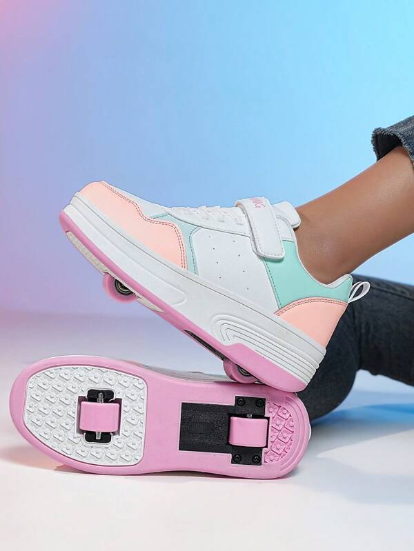 Chaussures de patin à roulettes à 4 roues renforcées de couleur contrastée pour adolescents, automne/hiver, conception à crochet et boucle réglable, roues détachables, baskets de sport multifonctionnelles