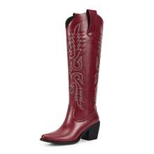 Cowboy Boots For Women Embroidered Knee High Cowgirl Boots Womens Retro Western Boots Pull On Tall Boots With Chunky Heel Pointed Toe