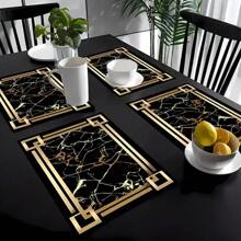 5/7pcs Luxury Placemats And Table Runner Set, Black And Gold Marble Pattern Printed Design, Waterproof And Non-Slip Table Mats, Machine Washable Polyester Rectangular Woven Table Mats, Suitable For Kitchen Dining Room, Home Decor, Party Decor - 5 件-餐墊 + 桌旗 - 查看 5