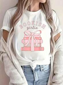 100% Cotton Bookish Girlie Coquette Bow, Book Lover Pink Feminine Reader T-Shirt Printed O-Neck Casual T Shirt Women's Clothing - trắng - Xem 1