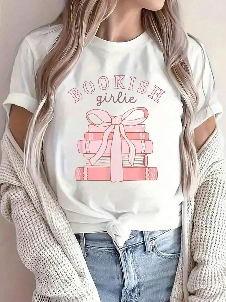 100% Cotton Bookish Girlie Coquette Bow, Book Lover Pink Feminine Reader T-Shirt Printed O-Neck Casual T Shirt Women's Clothing - trắng - Xem 1