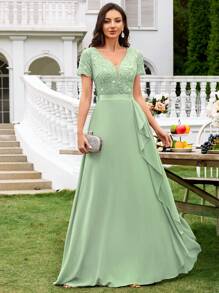 MIUSOL Deep V-Neck Contrast Sequin Lace Ruffle Trim Chiffon Formal Party Maxi Dress, For Valentine's Day - Mint Green - View 2