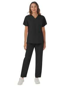 Solid Color V-Neck Short Sleeve Top & Elastic Waist Multi-Pocket Pants, Scrub Uniform Set - Black - View 5