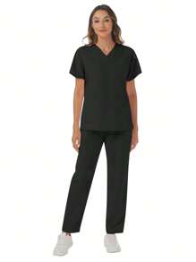 Ensemble de tenue de travail (Top col V manches courtes couleur unie et pantalon à taille élastique multi-poches)