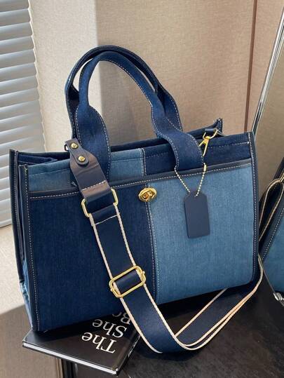 Casual Elegant Color Block Canvas Tote Bag For Women, Large Capacity Patchwork Shoulder Handbag, Fashionable Denim Commuter Bag