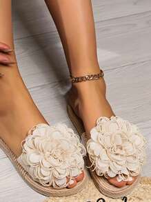 女士时尚性感花朵坡跟凉鞋，韩版，防滑厚底系带沙滩拖鞋 - 白色 - 查看 4