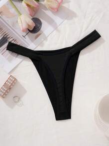 女士纯色蝴蝶结装饰甜美性感丁字裤，舒适内衣 - 黑色 - 查看 3