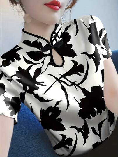 Vintage Cheongsam Style Ditsy Floral Blouse For Women, Short Sleeve Slim Fit Casual Tops, Spring/Summer