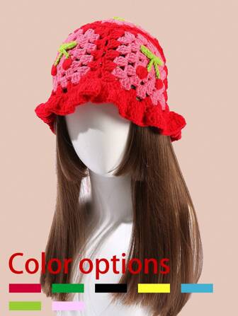 1pc Woman's Crocheted Bucket Hat, Cherry Pattern, Cute Y2K Style, Polyester, Hollow Out Decor, UV Protection, Fashionable Travel & Daily Wear