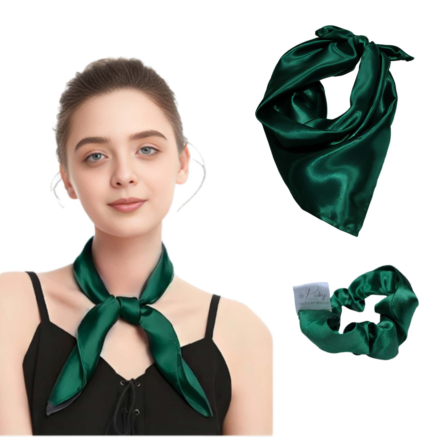 Women's Silk Scarf. Large Satin Scarf. Uniform Scarf - Dark Green - View 1