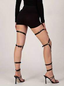 1 对皮革腿带吊袜带，朋克派对女士性感夜店内衣配饰镂空铆钉皮革腿袖套装 - 黑色 - 查看 4