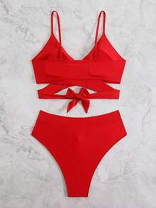 2025 Plus Size Minimalist Solid Color Tankini Set, Resort Beach Swimwear, For Summer Vacation - Red - View 2