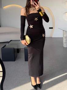 Women Starfish Decor Off Shoulder Bodycon Party Dress Spring Summer - Black - View 5