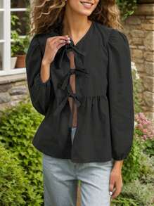 Tooluck Women's Bow Tie Casual Shirt - màu đen - Xem 5