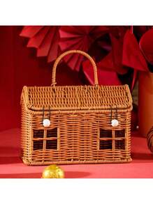 1 件创意房子形状收纳篮 - 复古编织礼盒 - 零食收纳篮 - 便携式手持 - 彩色 - 查看 3