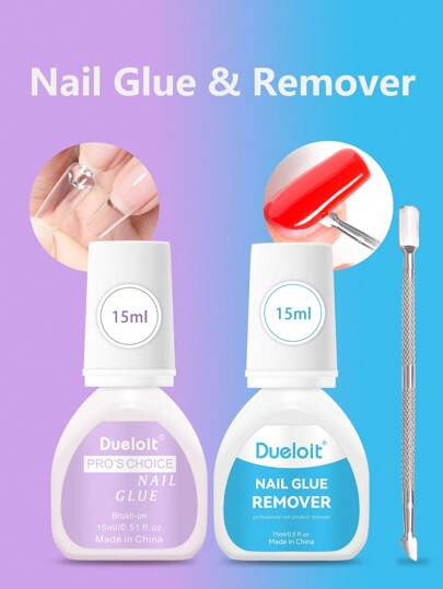 طقم 15مل غراء الأظافر والمزيل، مجموعة غراء الأظافر بغراء أظافر فائق القوة 15مل للأظافر الأكريليكية التي يتم وضعها على الأظافر الطبيعية، 15مل مزيل غراء الأظافر السريع مع دافع الكيوتيكل
