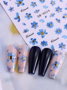 2片蓝色花卉美甲贴纸，3D水彩蓝色花朵设计美甲贴花，自粘式DIY美甲装饰 - 藍色 - 查看 6