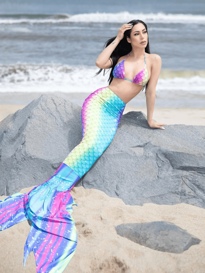 Carolina Barros Summer Beach Fish Scales Print Bikini Set Triangle Bra & Bikini Bottom & Mermaid Tail Cover Up Skirt 3 Piece Bathing Suit