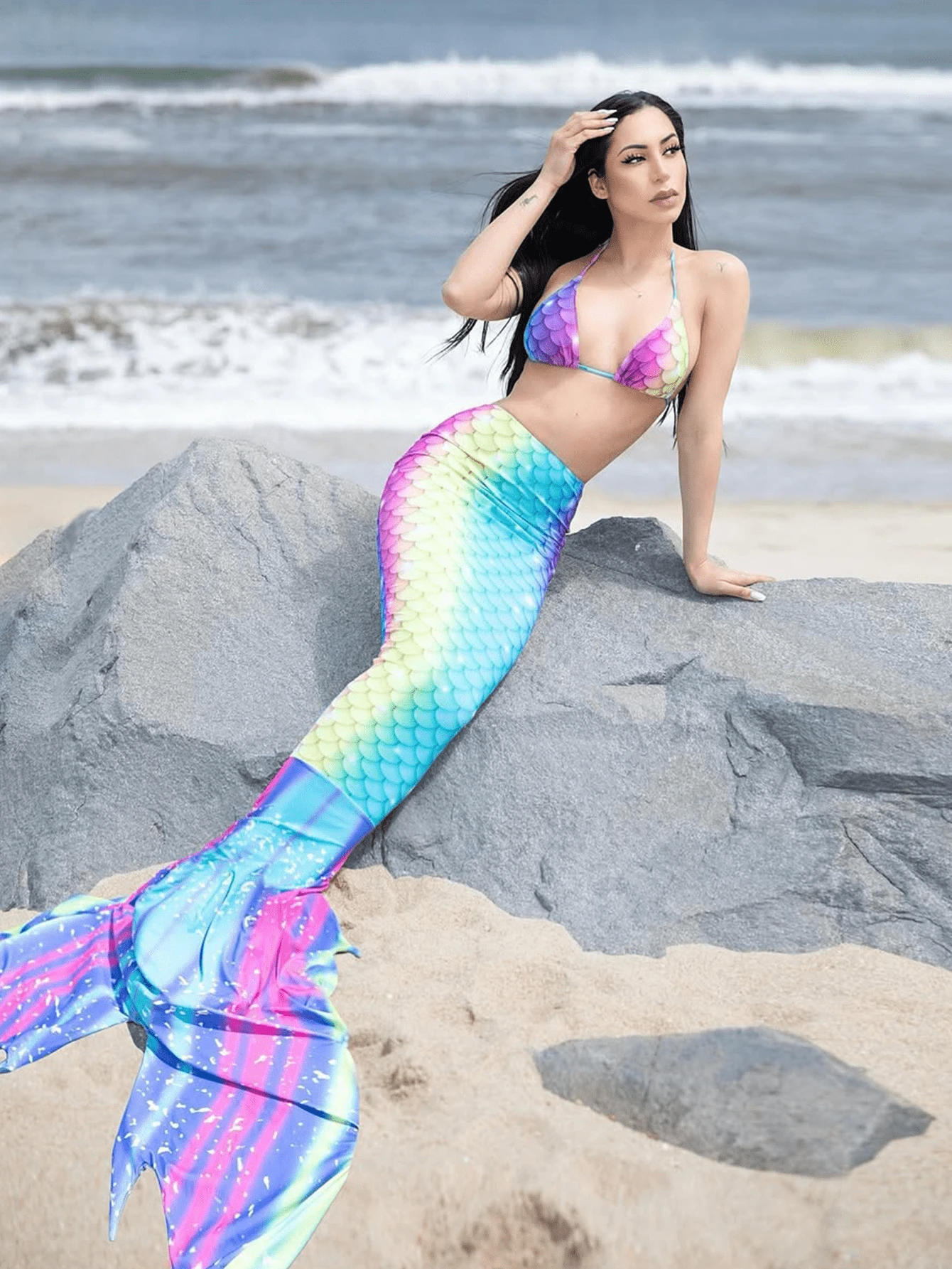 Carolina Barros In hoa Vảy cá Bộ Bikini Tam giác Bras & Đáy bikini & Đuôi nàng tiên cá Váy che 3 mảnh Bộ đồ tắm - Nhiều màu - Xem 1