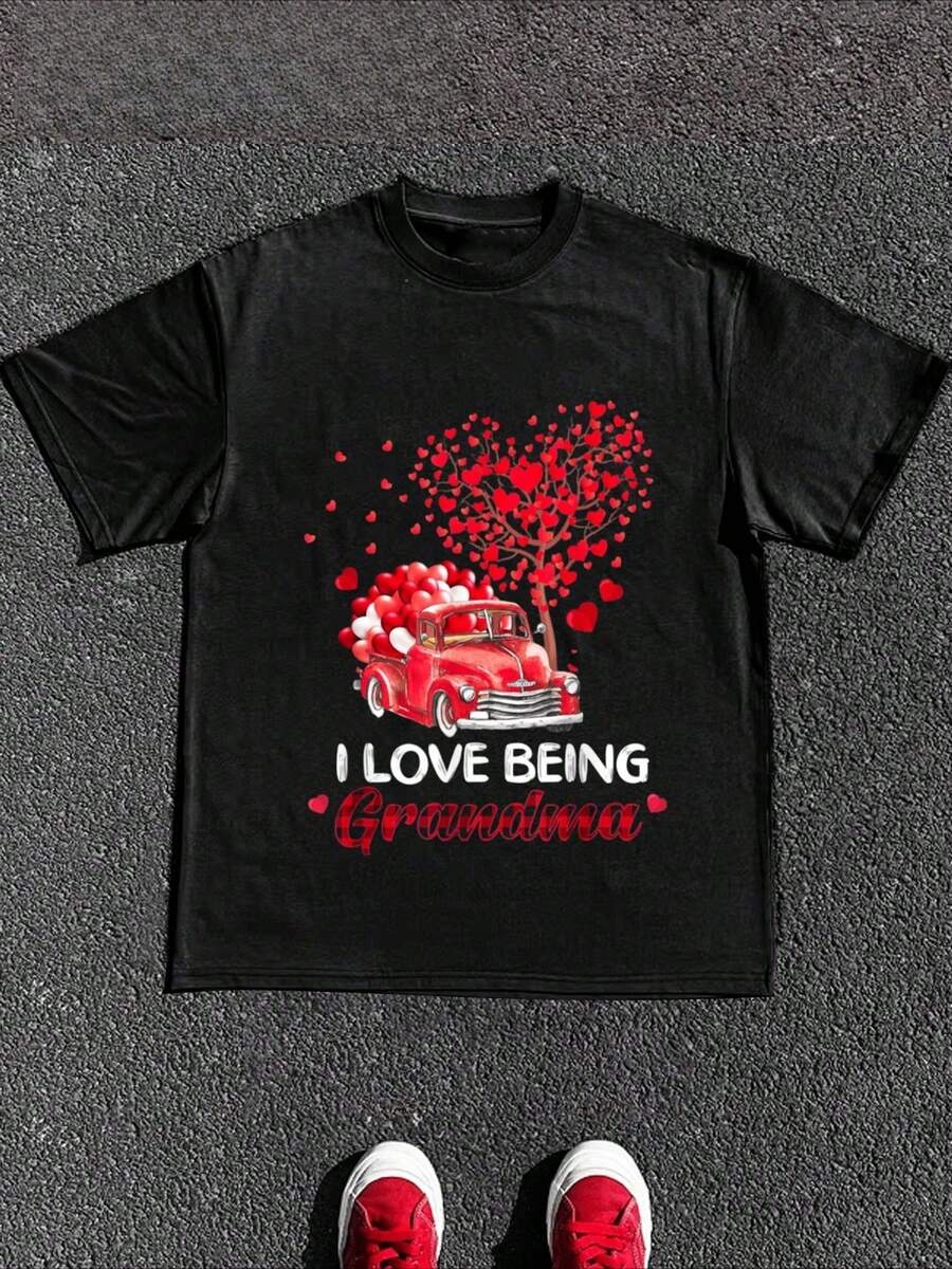 Camiseta Estampado Gráfico " Me Encanta Ser Abuela Camioneta Roja Y Corazones " - Camiseta Ligera De Cuello Redondo Para Hombre Con Estampado, Top Casual De Verano En Negro, Diseño Gráfico Blanco, Tejido De Poliéster Cómodo Para Atuendo Casual, Ropa De Playa | Cuello Redondo Casual | Camiseta Ligera, Camisa De Playa Tejido Transpirable 220g Algodón Pesado - Negro - Ver 1