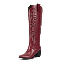 Cowboy Boots For Women Embroidered Knee High Cowgirl Boots Womens Retro Western Boots Pull On Tall Boots With Chunky Heel Pointed Toe