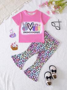 2pcs/Set Young Girls Easter Spring/Summer Outfit - Bunny Print "Peace Love " Letter Tee Shirt + Tie Dye Bunny Leopard Flare Pants, Outdoor Easter Gift - Pink - View 1
