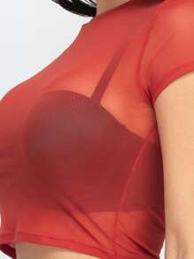Women's Sexy Mesh Sheer Short Sleeve Crop Top, Cover Up Summer T-Shirt - 鏽 - 查看 5