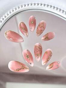 10Pcs Handmade Hand-Painted Butterfly & Heart Textures Pink Blush Rhinestone Spring Cute Almond Shape Nail Art Stickers Press On Nails Nail Supplies Nails