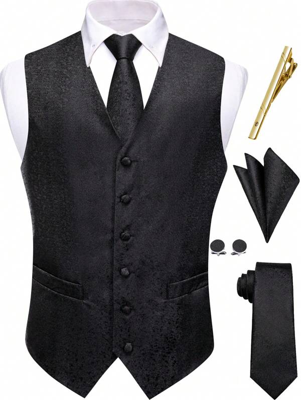 Docapeiton Set de 5 piezas de chaleco de traje para hombre de talla grande, con botones, estampado jacquard, clásico, para fiestas, bodas, eventos formales