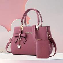 2pcs/Set Bow Decor Women Handbag Set, Solid Color PU Leather Shoulder Bag & Card Holder Suit For Daily, Casual, Shopping, Business Commute