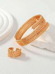 Set de joyería de 2 piezas con brazalete y anillo de aleación de cobre chapado en oro rosa con diseño retorcido de trigo estilo árabe para mujeres