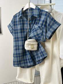 YUXIN Camisa de manga corta con hombros caídos y diseño de cuadros azules versátil y casual para uso diario para mujeres, parte superior de corte holgado, nuevo diseño de verano