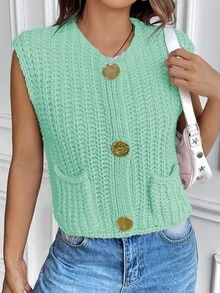 Women's Fashion Sleeveless Short Chunky Knitted Cardigan With Solid Button Front And Pockets - Light Blue - View 5