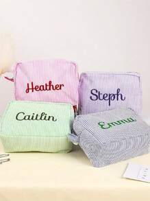 1 pezzo Borsa da viaggio, beauty case, borsa per accessori personalizzata con ricamo a strisce verticali quadrate, adatta per viaggi, scuola, dormitorio, bagno, necessità di casa, regalo per madre e moglie - Multicolore - Visualizzare 3