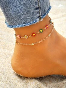 1pc Fashion Minimalist Bohemian Style Multicolor Daisy Decor Multi-Layer Anklet, Suitable For Women Beach Holiday, Party, Date, Gift, Daily Wear (Random Color)