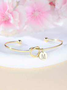 Tsnamer 1 pieza Brazalete con inicial dorada Brazalete con disco de nudo clásico con inicial de la A a la Z Brazalete personalizado de puño para mujer Joyería de uso diario