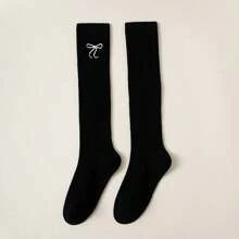 2 Pairs Girls Over The Knee Socks With Embroidery, Long Cotton Tube Socks For Lolita Style, Suitable For Spring, Autumn & Winter