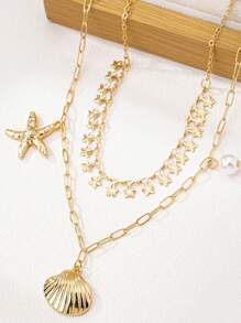 2 件海洋主题金属海星、珍珠和贝壳吊坠项链，女士时尚双层颈链 - 金色 - 查看 2